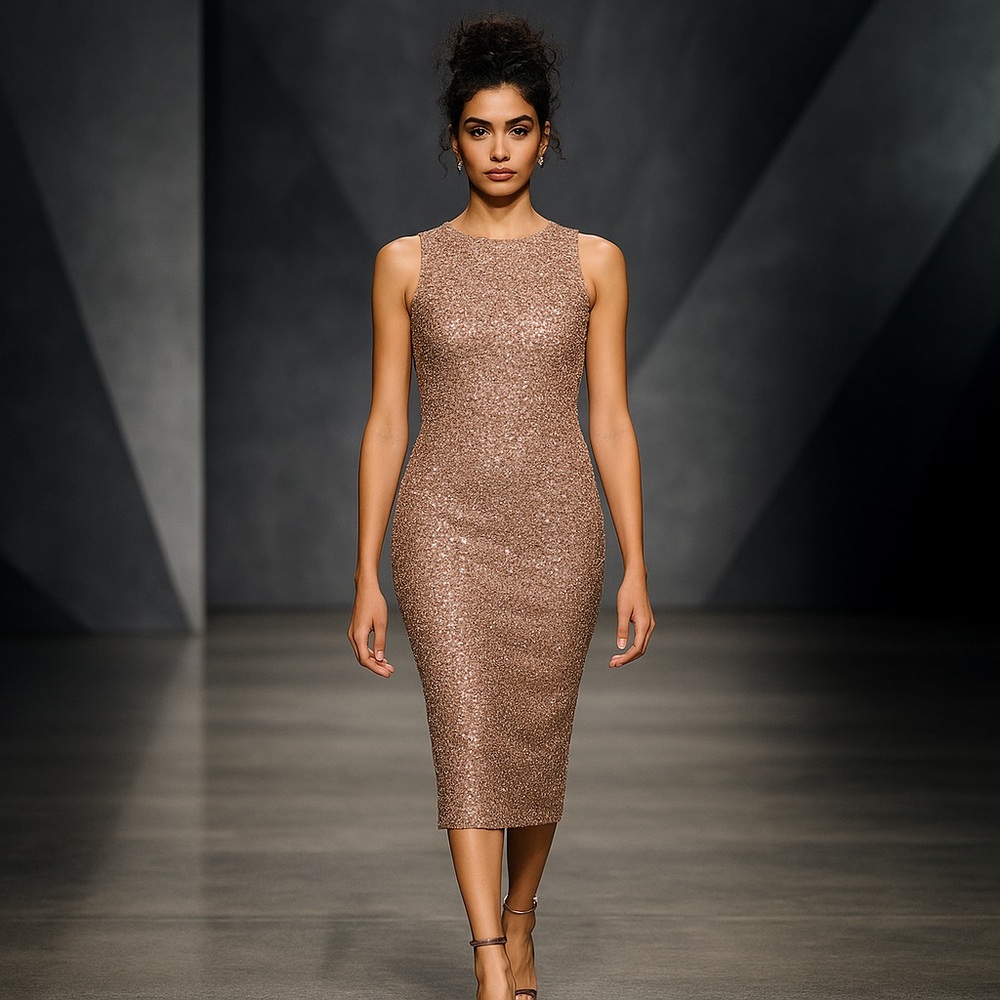 Mac Duggal 5526 Rosewood Rose Gold Sequin Jewel Neck Tea Length Dress NWT 12 - Picture 4 of 14